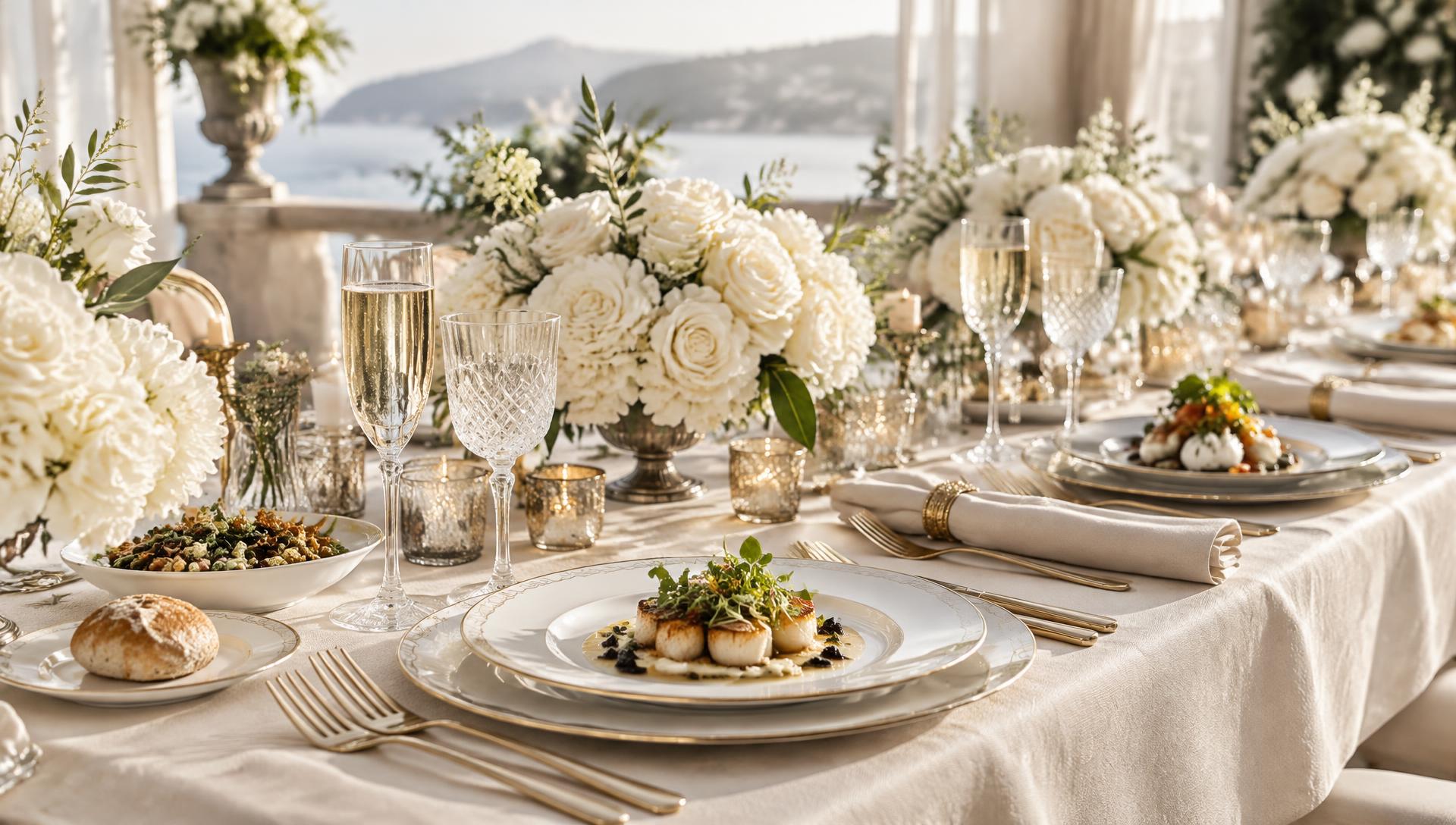 Luxury catered dining table with ivory flowers, crystal glassware and gourmet plates