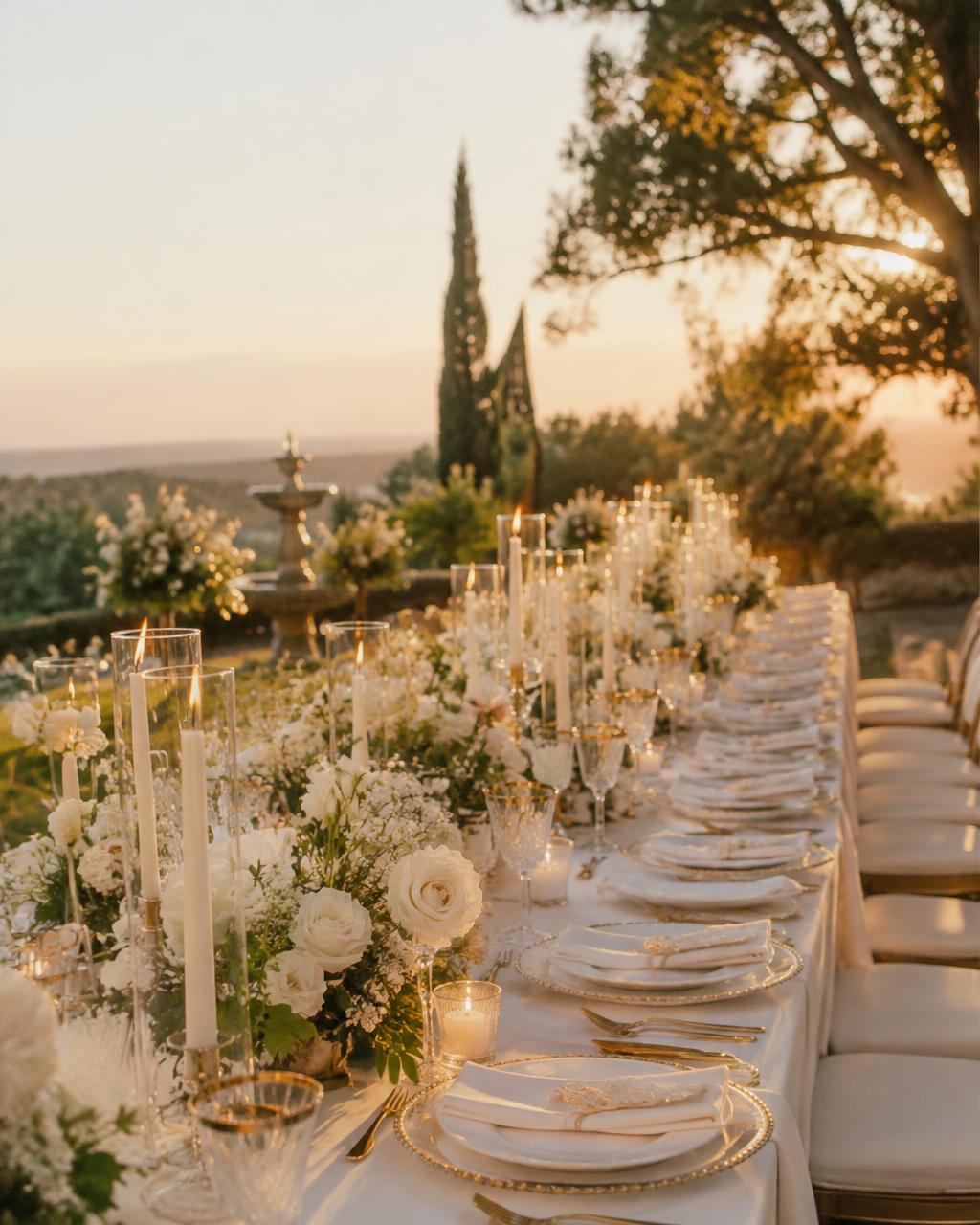 Celebration table with candles and ivory roses at golden hour